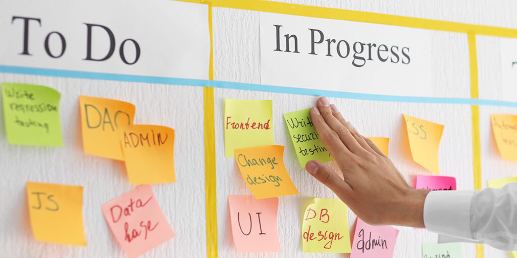 Quadro branco com post its divididos em "To do" e "In progress" segundo metodologia Kanban