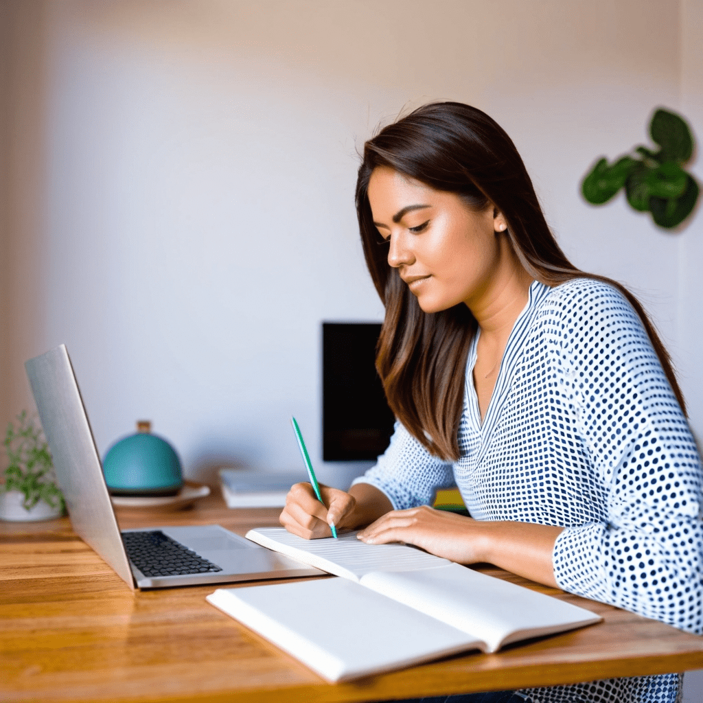 Mulher estudando suas habilidades e competências.